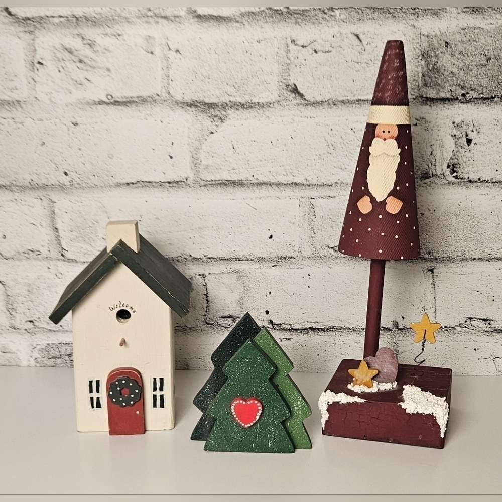 Vintage Primitive Wooden Christmas Decor Set – Santa, Trees & House 1994